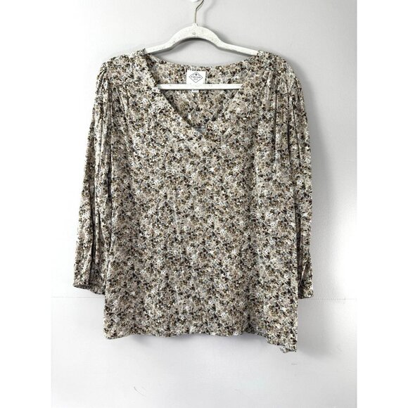 St Johns Beige Floral Blouse L Cottagecore 3/4 Sleeve Preppy Coastal Fall Autumn - Picture 1 of 8